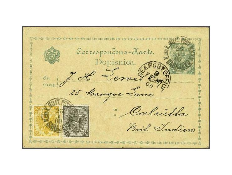 Coat of Arms 2 kreuzer yellow typographic printing and 1 heller black grey on postcard Ferchenbauer no. 7 from Sarajevo 26-1-