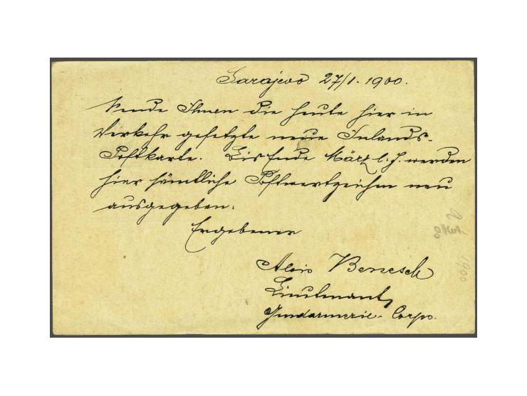 Coat of Arms 2 kreuzer yellow typographic printing and 1 heller black grey on postcard Ferchenbauer no. 7 from Sarajevo 26-1-