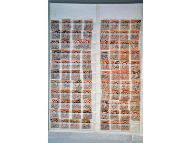 emissie 1852, nrs. 1 (68x w.b. 1`paartje), 2 (87x w.b. 2 paartjes) en 3 (34x w.b. 1 paartje en stempels Harlingen C en Middel