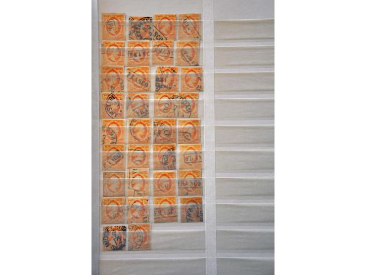 emissie 1852, nrs. 1 (68x w.b. 1`paartje), 2 (87x w.b. 2 paartjes) en 3 (34x w.b. 1 paartje en stempels Harlingen C en Middel