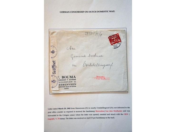 5 binnenlandse poststukken 1942-1943 met Duitse censuur (4x Cöln, 1x München) en R-waarde envelop Rotterdam-Calandstraat dece