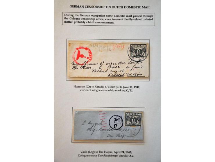 5 binnenlandse poststukken 1942-1943 met Duitse censuur (4x Cöln, 1x München) en R-waarde envelop Rotterdam-Calandstraat dece