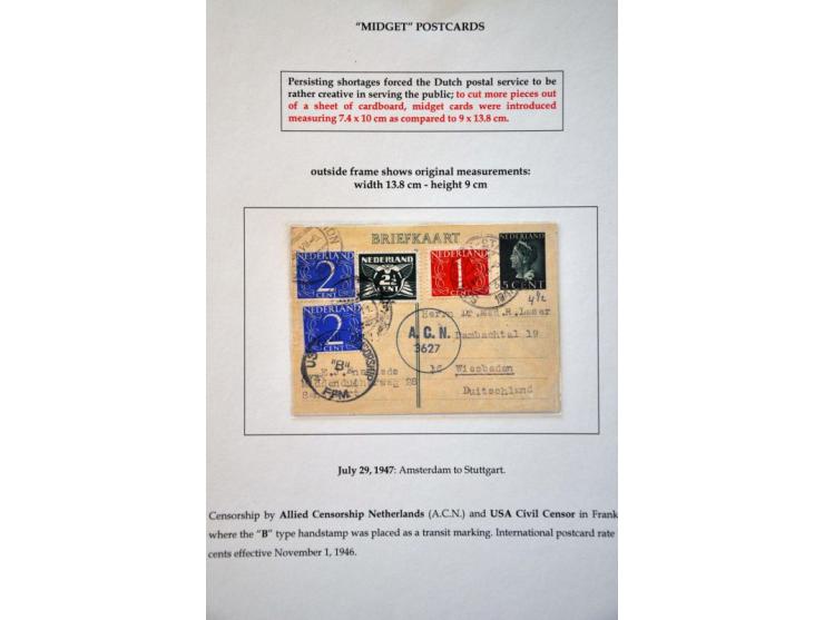 34 poststukken 1945-1947 w.b. van/naar buitenland, censuur, burgemeesterspost en enkele ongebruikte briefkaarten
