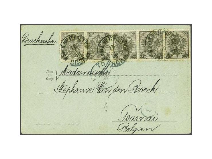 Coat of Arms 1 heller black grey in strip of 5 on picture postcard from Brcko 16-1-1900 to Doornik (Belgium), fine/very fine