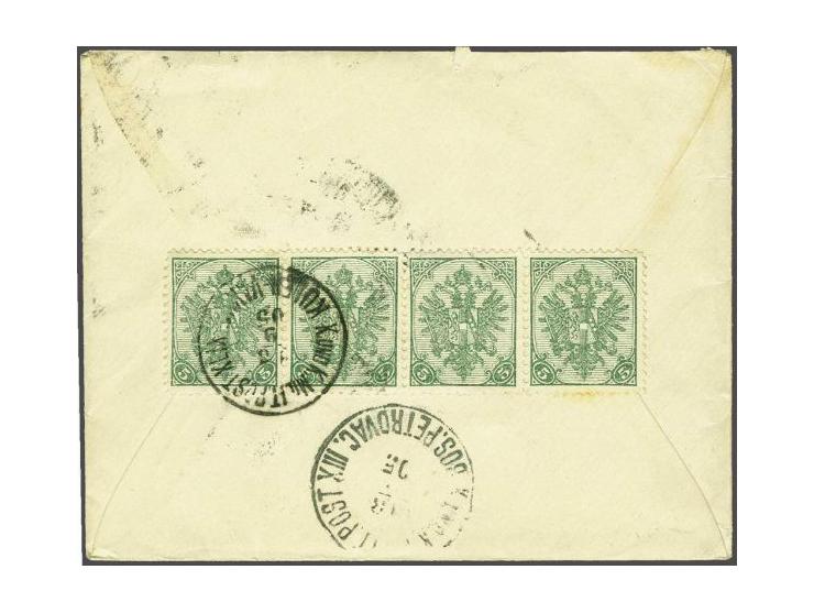 Coat of Arms 5 heller green perforated 12½ in strip of 4 on reverse of cover from Kulen Vakuf 18-9-1905 to Petrovac, very fin
