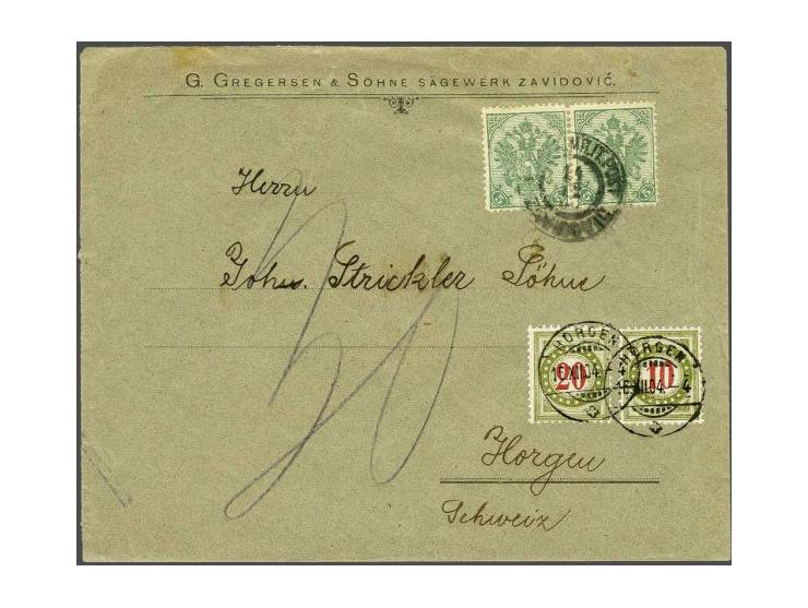 Coat of Arms 5 heller green in pair (stamp at left with the constant error in the outer frameline at left) on insufficiently 