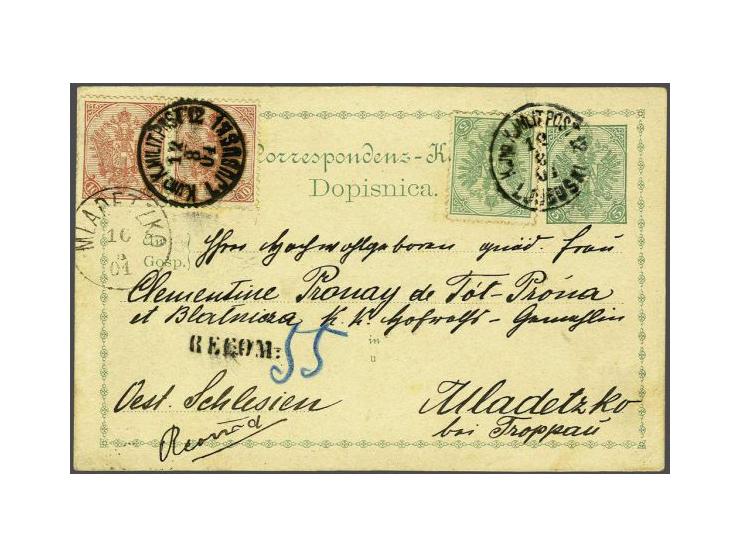 Coat of Arms 5 heller green and 10 heller red in pair on registered postcard Ferchenbauer no. 7 from Ljubuski 12-8-1901 to Ml