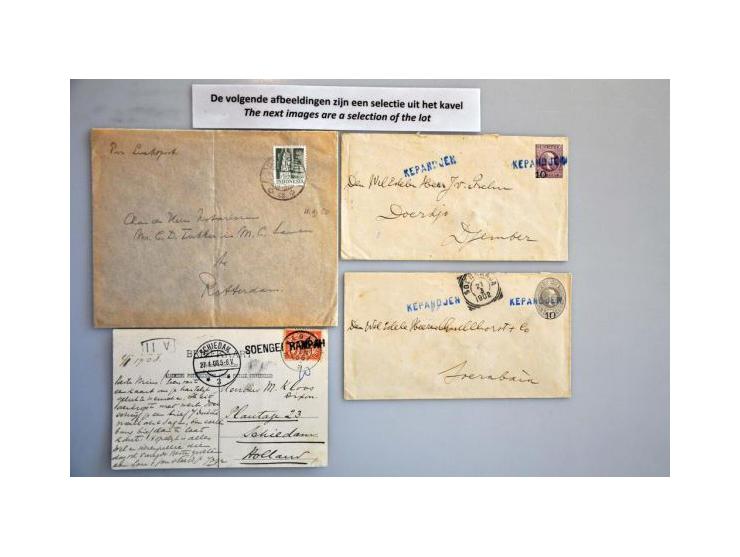 poststukken (ca. 60 ex.) w.b. langstempels, haltestempel Lampegan, prentbriefkaarten, RIS, mengfrankeringen etc.