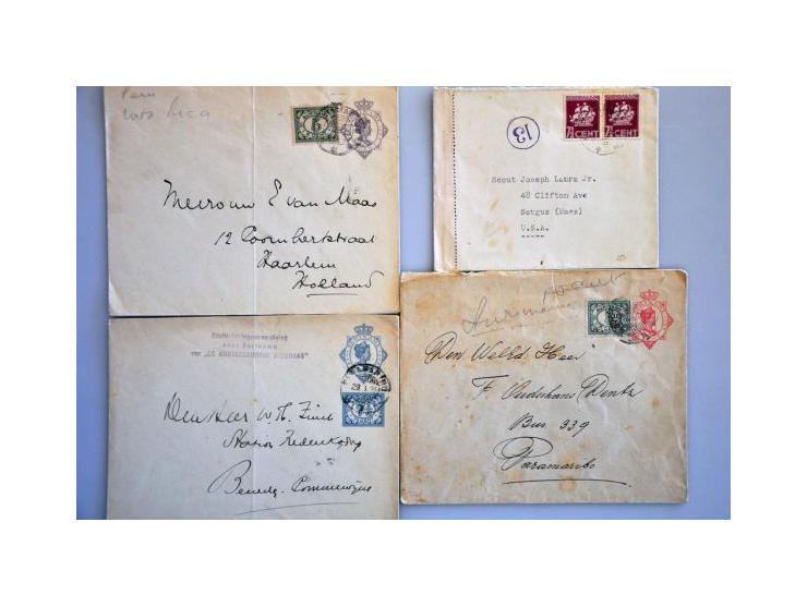 23 poststukken w.b. stempels (Ben. Commewijne), aangetekend, censuur en iets bestemmingen. Tevens iets roodfrankeringen  