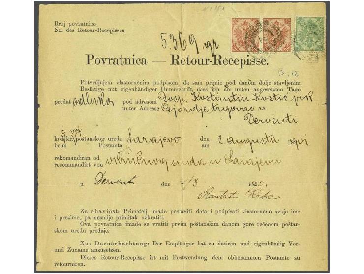 Coat of Arms 5 heller green and 10 heller red in pair on Retour-Recepisse from Sarajevo 2-8-1904 to Derventa, fine (2 creases