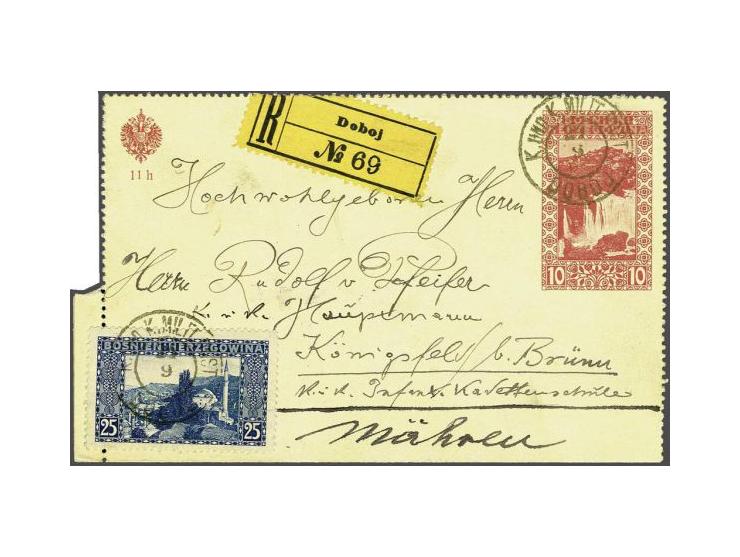 Landscapes 25 heller dark blue on registered postal stationery Ferchenbauer no. 10 from Doboj 24-9-1909 to Brünn (Brno), very