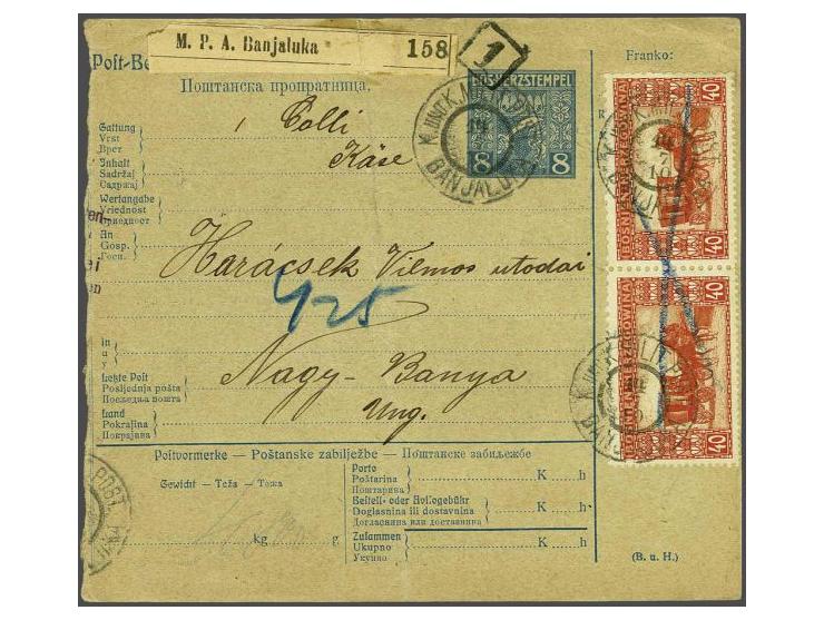 Landscapes 40 heller orange in pair with Coleman perforation on parcel card from Banja Luka 14-7-1910 to Nagy Banya (Hungary)