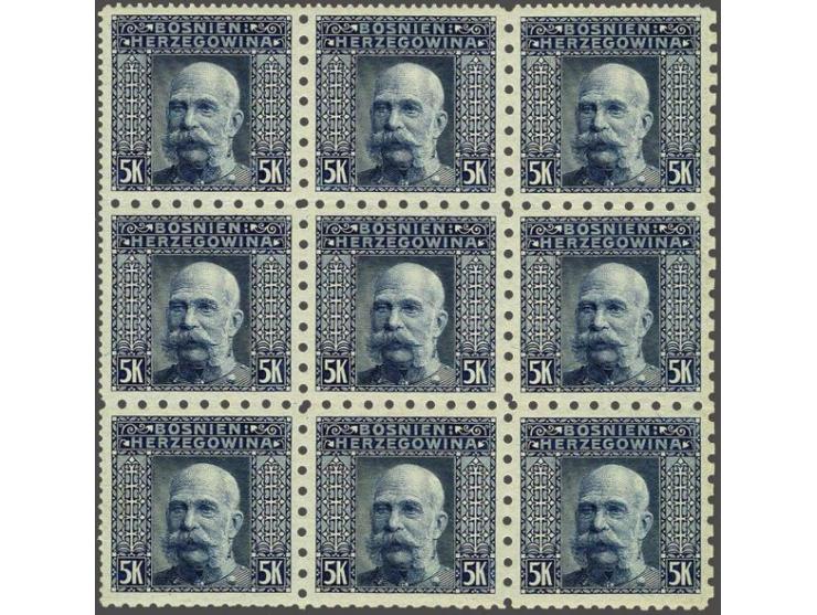 Franz Joseph 5 kronen steel blue with combined Coleman perforation including 2x the rare 6½ x 6½ in block of 9, very fine unm