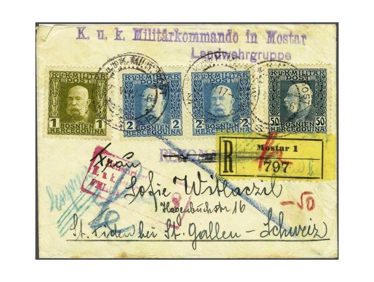 Franz Joseph 1 heller olive, 2 heller light blue in pair and 50 heller black blue on registered and censored cover from Mosta