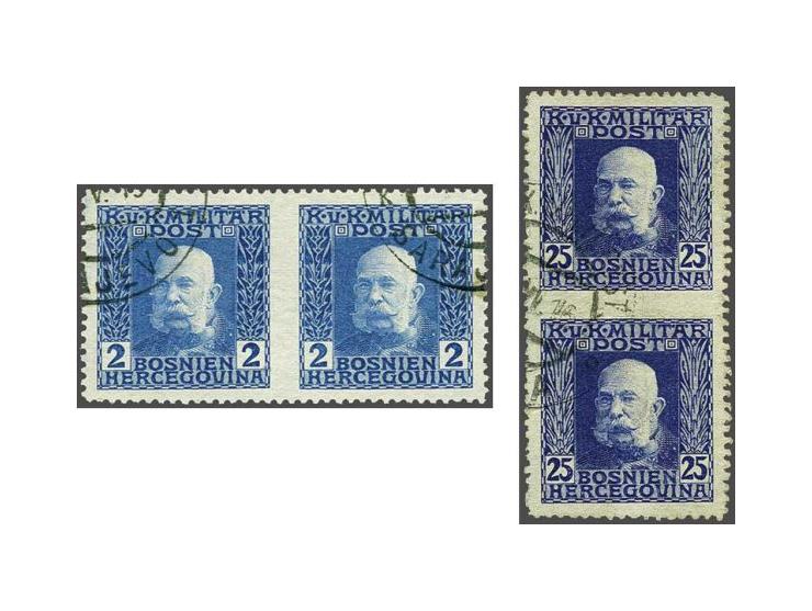 Franz Joseph 2 heller light blue in horizontal pair with variety Imperforate between and Franz Joseph 25 heller ultramarine i