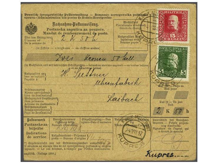 Franz Joseph 5 heller green and 15 heller carmine on money order for cash on demand from Kupres 24-7-1917 to Laibach (Ljublja