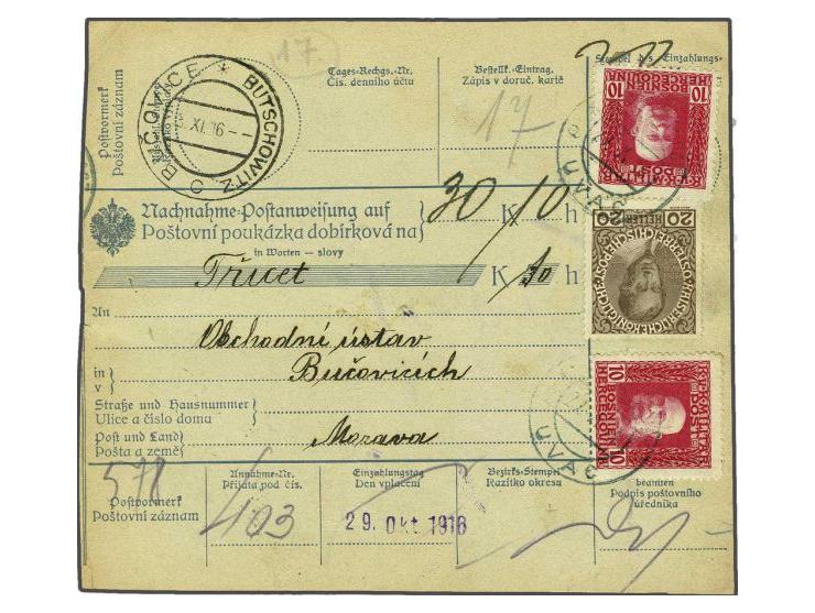 Franz Joseph 10 heller carmine (2x) and Austria 20 heller dark brown (Fe. 146) on Austrian postal order for money on demand f