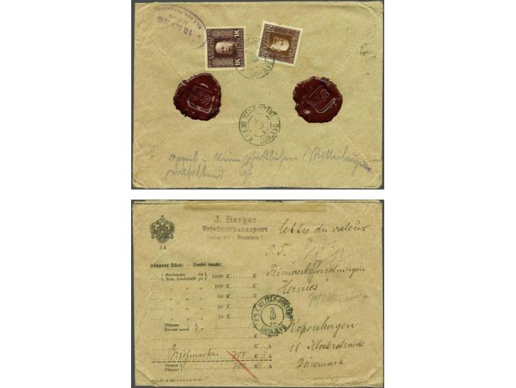 Franz Joseph 20 heller yellow olive and 1 krone wine red on yellow on reverse of amtliche Geldbriefumschlag from Sarajevo 3-1