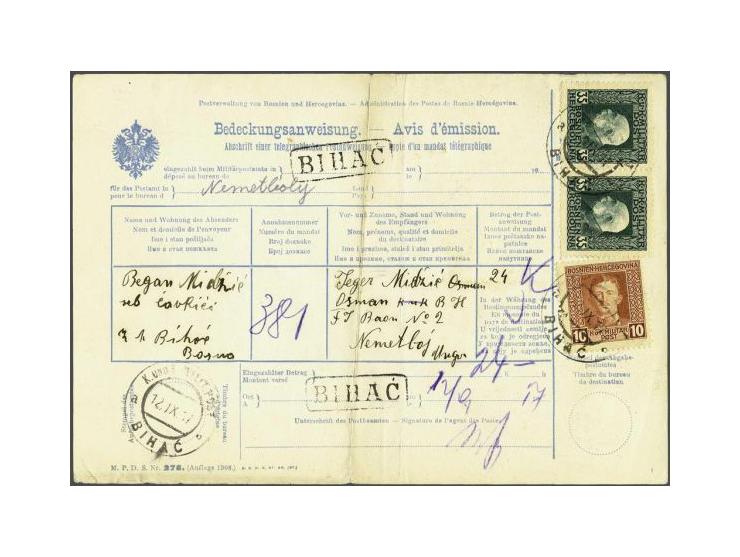 Franz Joseph 35 heller blue green in pair and Karl 10 heller red brown on telegraphic postal money order from Bihac 12-9-1917