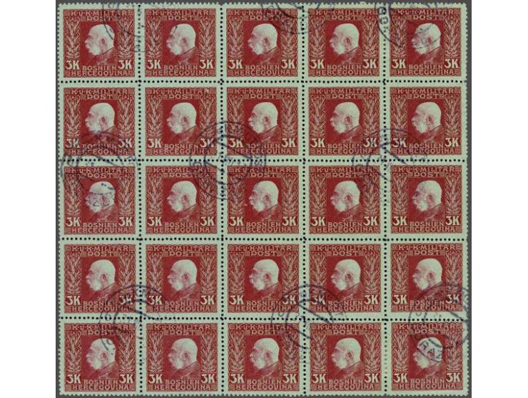 Franz Joseph 3 kronen carmine on light green paper in block of 25 cancelled Gorazde 31-8-1917, very fine, cat.v. 948+