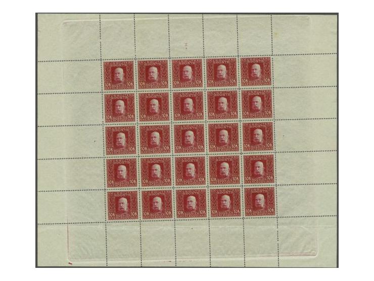 Franz Joseph 10 kronen perforate colour proof in carmine in complete sheet of 25 with plate number II, very fine (horizontal 