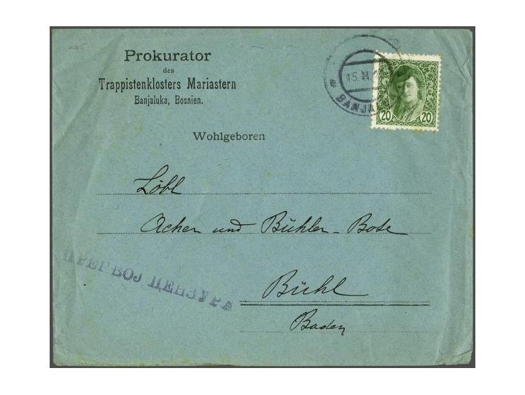 Bosnian Girl 20 heller green perforated 12½ on censored cover from Banja Luka 15-11-1913 to Bühl (Germany), fine/very fine. R