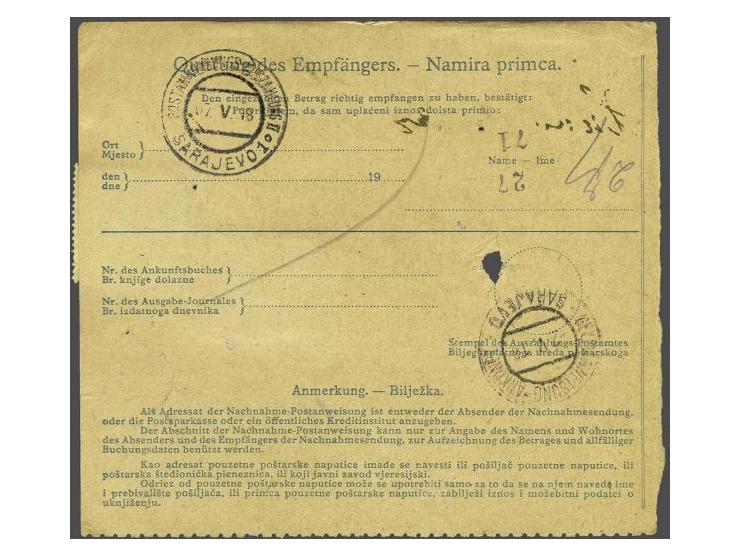 Karl 5 heller green and 30 heller black green on postal order for money on delivery from Sarajevo 29-4-1918 to Fojnica, fine/