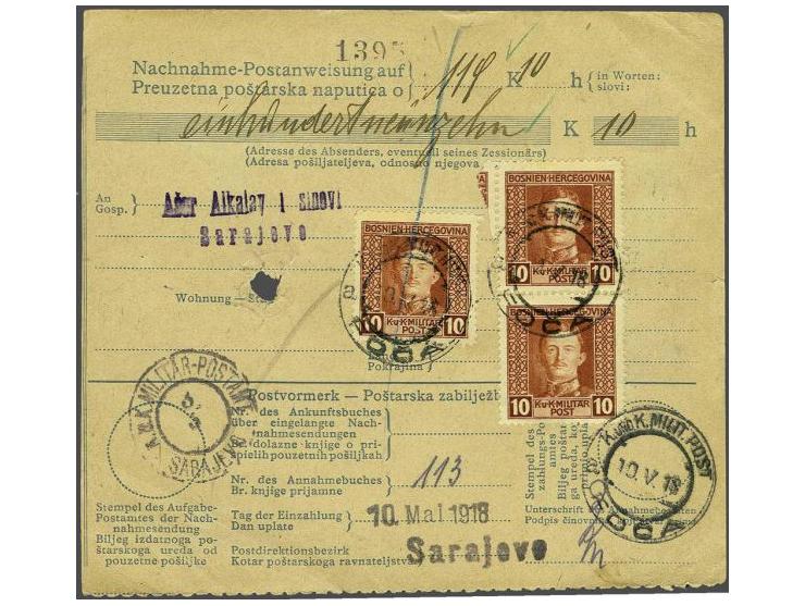 Karl 10 heller red brown (3x including vertical pair) on postal order for money on delivery from Sarajevo 8-5-1918 to Foca, v