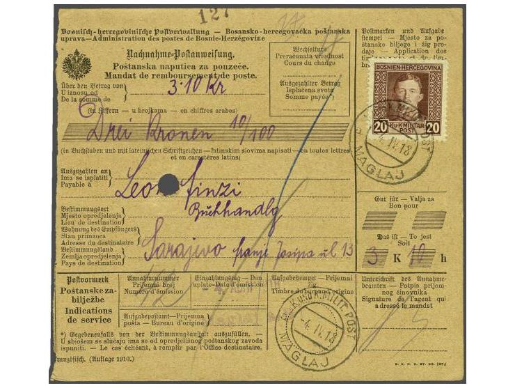 Karl 20 heller brown on money order for cash on demand from Maglaj 4-4-1918 to Sarajevo, very fine
