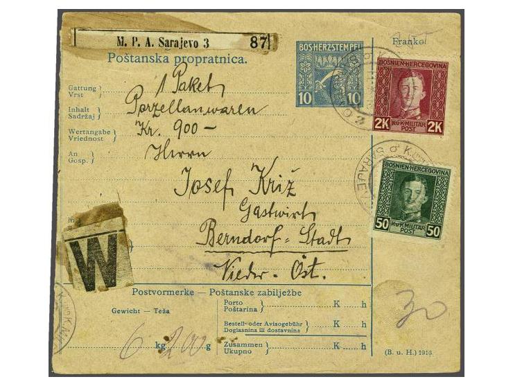 Karl 50 heller dark green and 2 kronen carmine on yellow on parcel card from Sarajevo 11-10-1918 to Berndorf (Austria), fine/