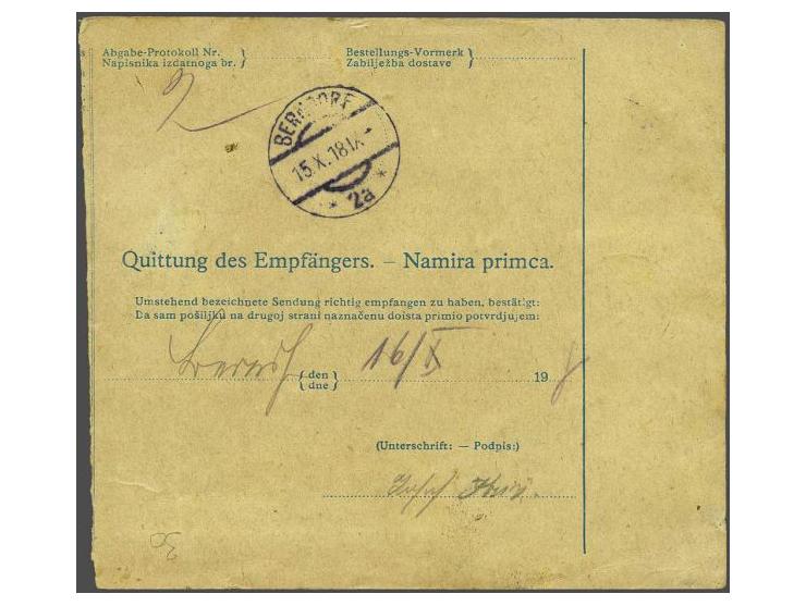 Karl 50 heller dark green and 2 kronen carmine on yellow on parcel card from Sarajevo 11-10-1918 to Berndorf (Austria), fine/
