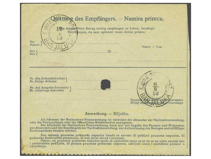Karl 60 heller lilac red on postal order for money on delivery from Banja Luka 26-8-1918 to Bihac, very fine