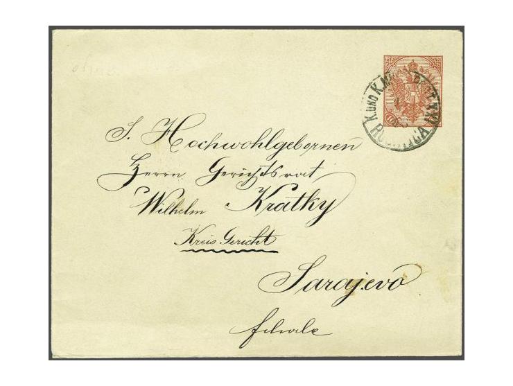Envelope 10 heller red without watermark Ferchenbauer no. 4b from Rucovica 19-10-1906 to Sarajevo, very fine