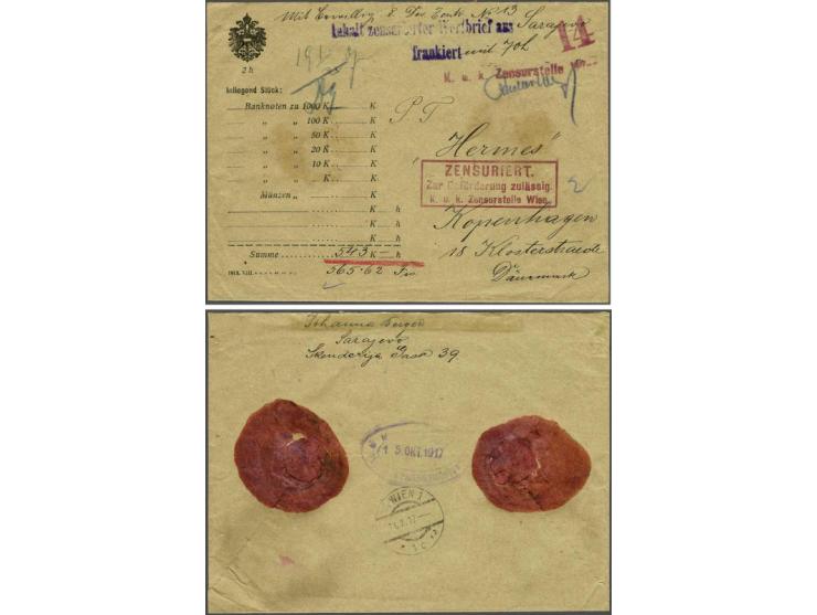 Written franking 70 heller on censored Amtliche Geldbriefumschlag from Sarajevo over Vienna 15-10-1917 to Copenhagen, fine/ve