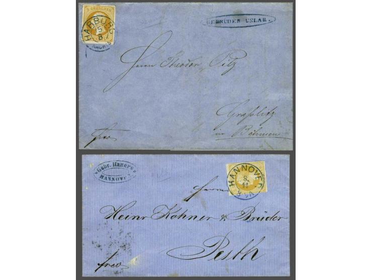 Georg V 3 groschen orange in 2 different shades on cover from Hannover 8-11-1860 to Budapest and on cover from Harburg 15-8-1