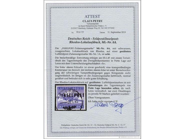 Inselpost overprinted stamp in blue for Airmail covers, used on 3-1-1945 on the small airfield post office of Porto Lago on t
