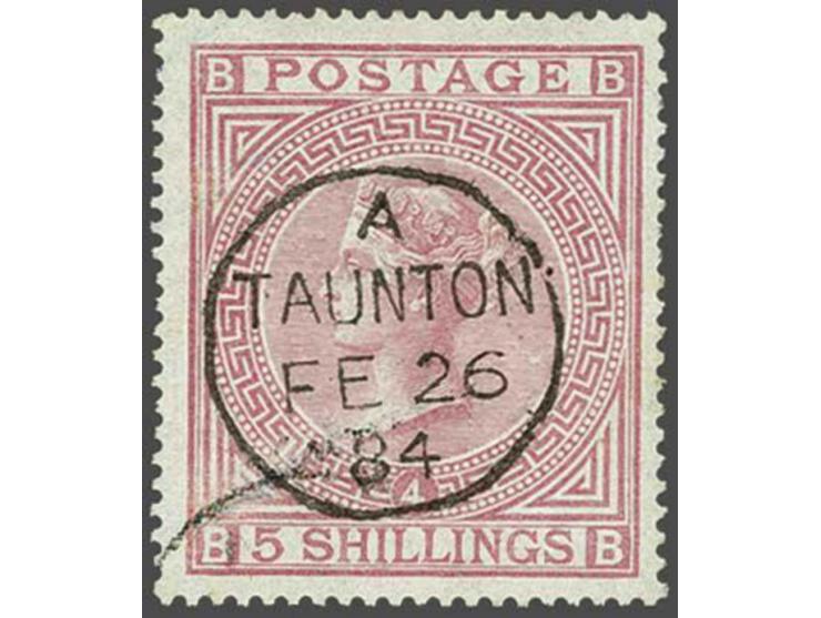 Victoria 5s. rose watermark anchor plate 4 white paper a fine to very fine ex. with an upright crisp Taunton 1884 cds, cat.v.