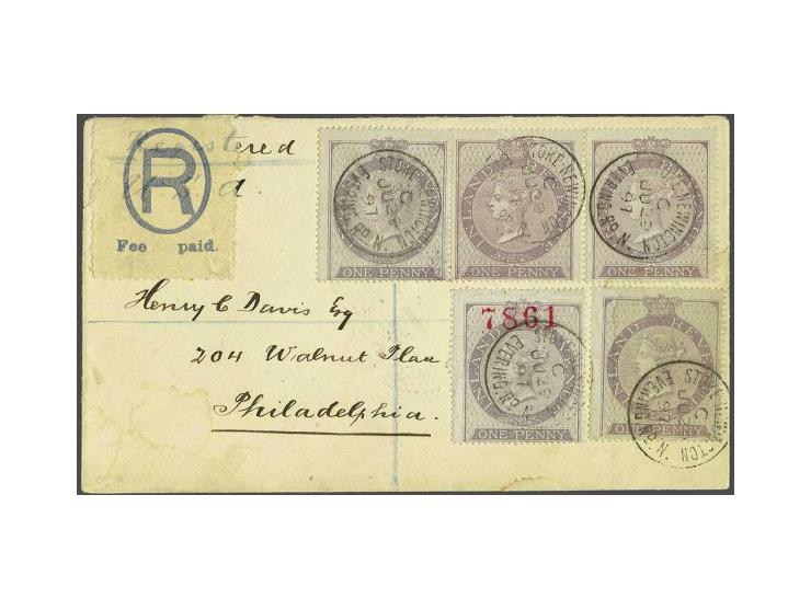 Inland Revenue 1d. pale reddish lilac (5 ex.) on registered cover Stoke Newington 29-6-1897 to Philadelphia USA (arrival cds 