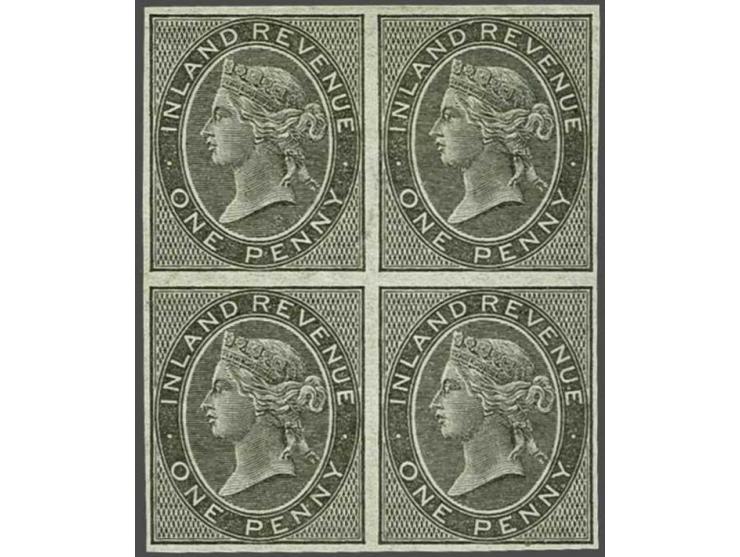 1d. Die Proof, Imperforate, Watermark Small Anchor in black on thin ungummed paper (plate 1) a very fine block of four with g