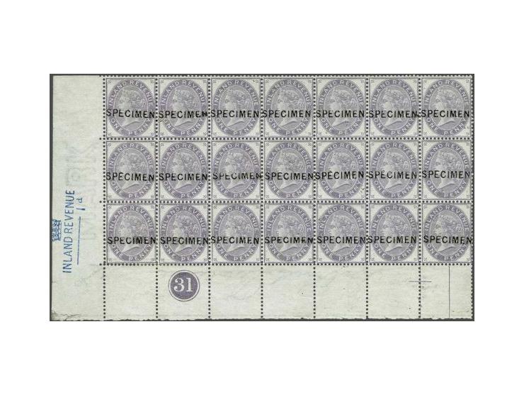 1d. purple overprinted SPECIMEN type 6 in a pristine fresh corner marginal block of 21 ex. with plate number 31, added Inland