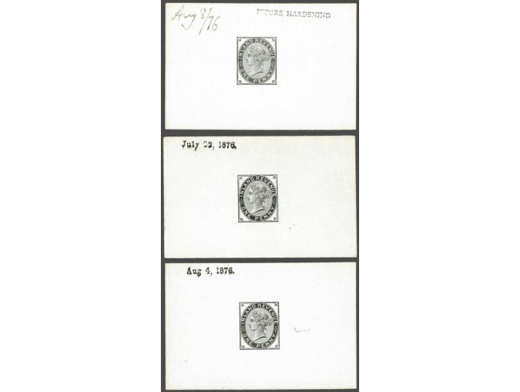 1d. Die Proofs (Die 3) in black on glazed card (3 ex.) dated 22 Jul 1876, 4 Aug 1876 and 8 Aug 1876 endorsed BEFORE HARDENING