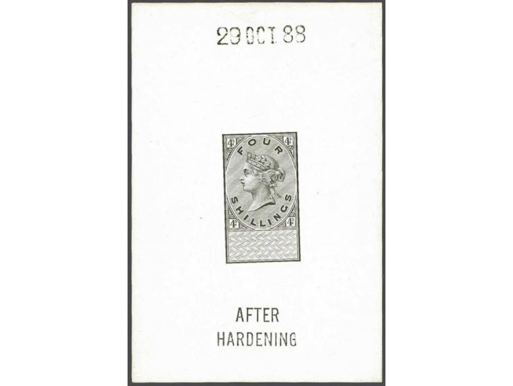 Die Proof, a standard Die for revenue stamps in black with blank tablet on glazed card (60 x 92 mm) in the nomination of 4s. 