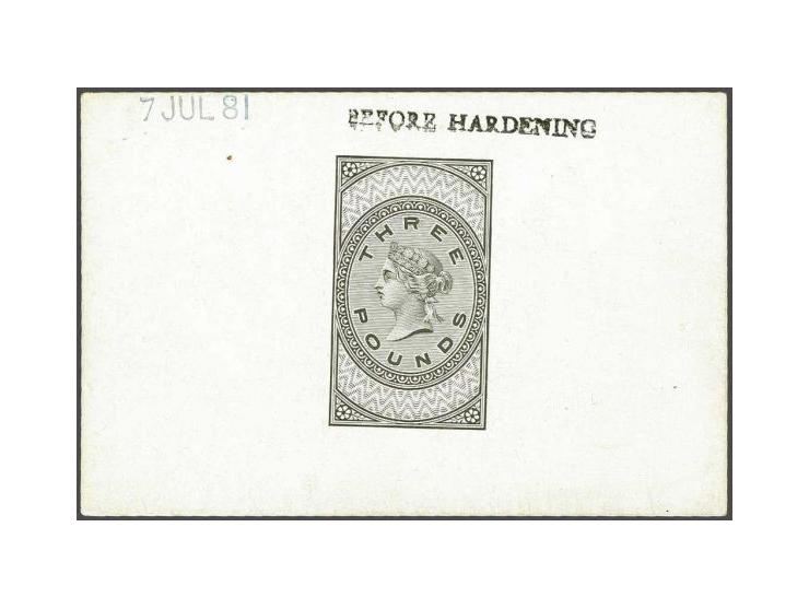 Die Proof, a standard Die for revenue stamps in black with blank tablets on glazed card (92 x 60 mm) in the nomination of £3 