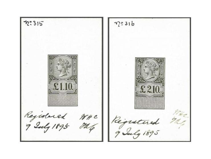 Die Proof, 2 standard Dies for revenue stamps in black with blank tablets on glazed cards (60 x 92 mm) in the nominations of 