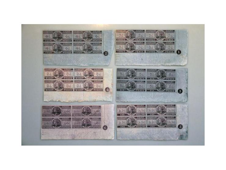 Court of Chancery 1857 printed by De la Rue overprinted Specimen at Somerset House, a complete set between 3d. and £1 in bott