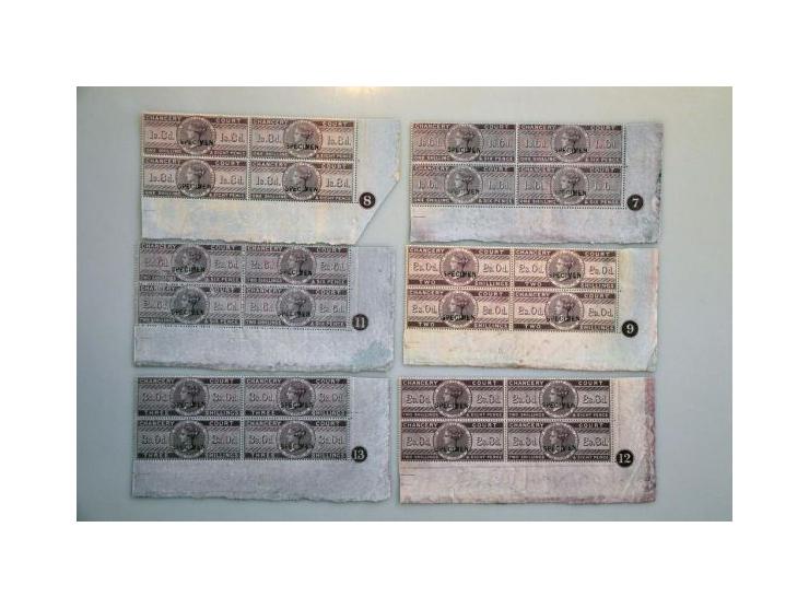 Court of Chancery 1857 printed by De la Rue overprinted Specimen at Somerset House, a complete set between 3d. and £1 in bott