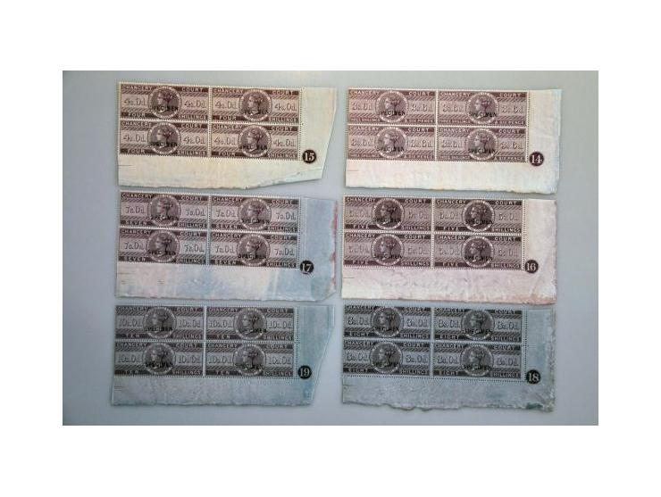 Court of Chancery 1857 printed by De la Rue overprinted Specimen at Somerset House, a complete set between 3d. and £1 in bott