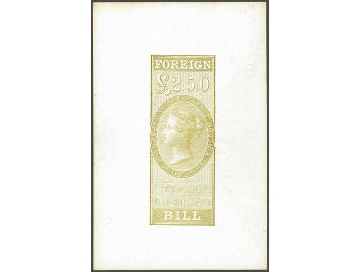 Foreign Bill Die Proof in ochre-brown on glazed card (60x92 mm) of the issued £2.5s.0d., very fine 