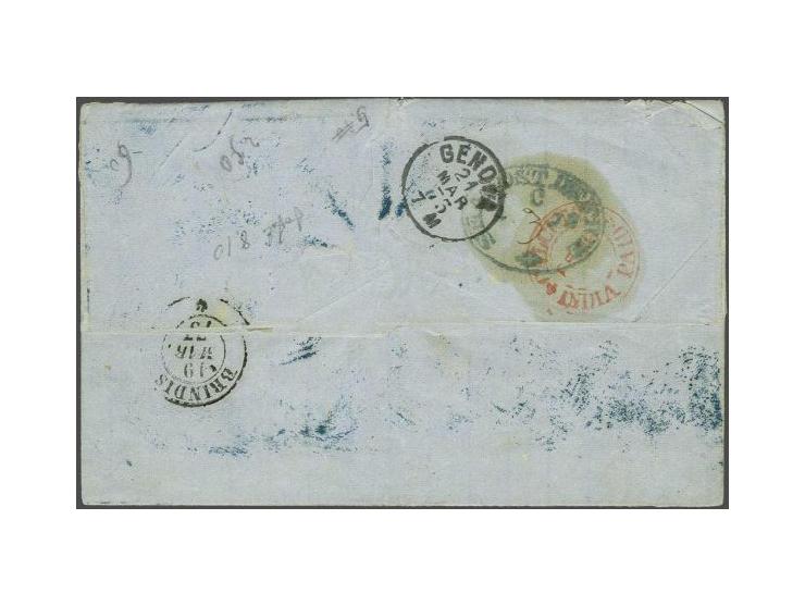 East India eight pies purple, two annas orange and 4 annas green with B1 on letter Calcutta-Genova with PD, written via Alexa