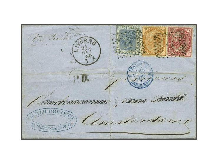Victor Emanuel 10 centesimi orange brown, 20 centesimi blue en 40 centesimi carmine on cover from Livorno 21-9-1868 over Turi
